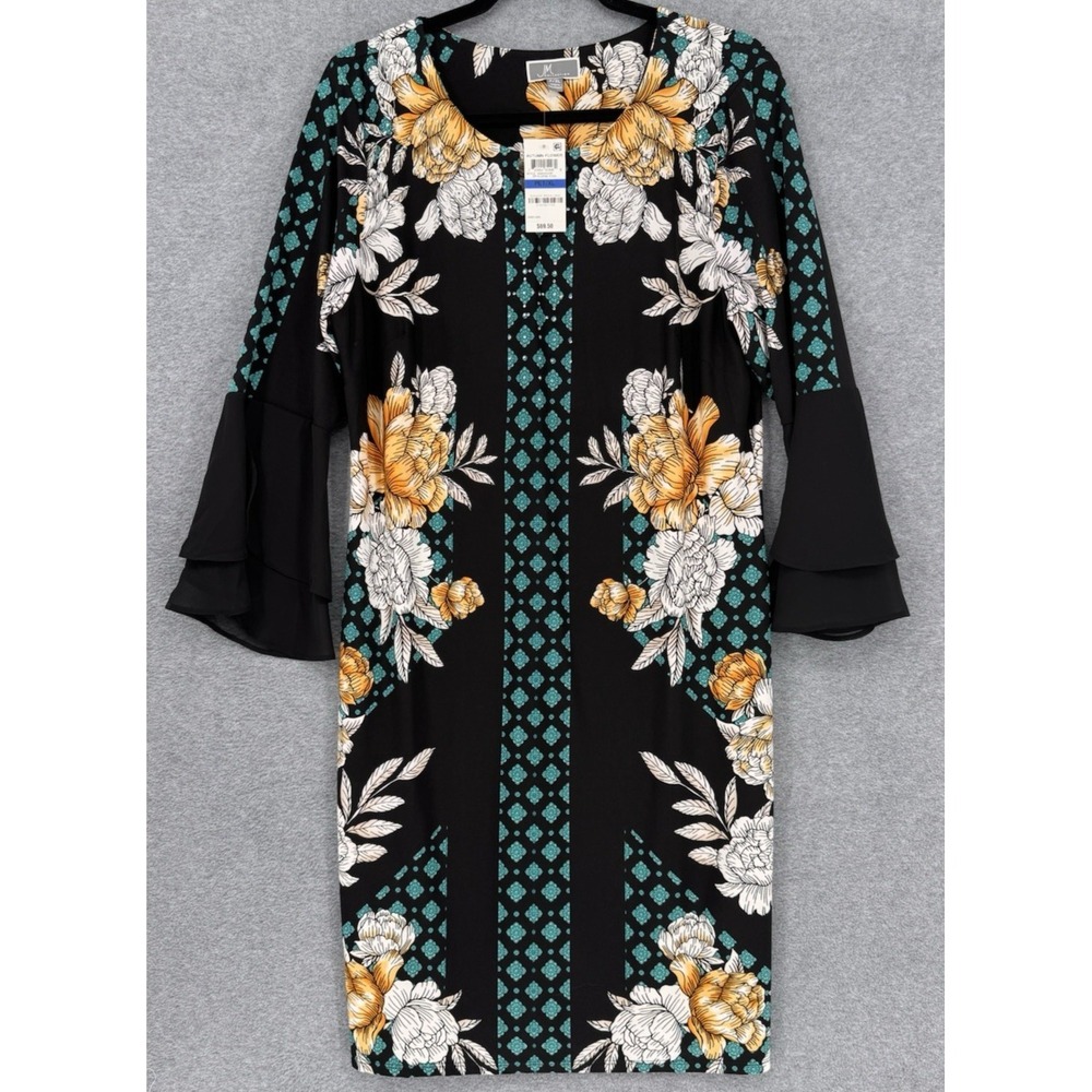 NWT Dress Petite XL Black‎ Floral Tunic Rhinestone Bell Sleeve
